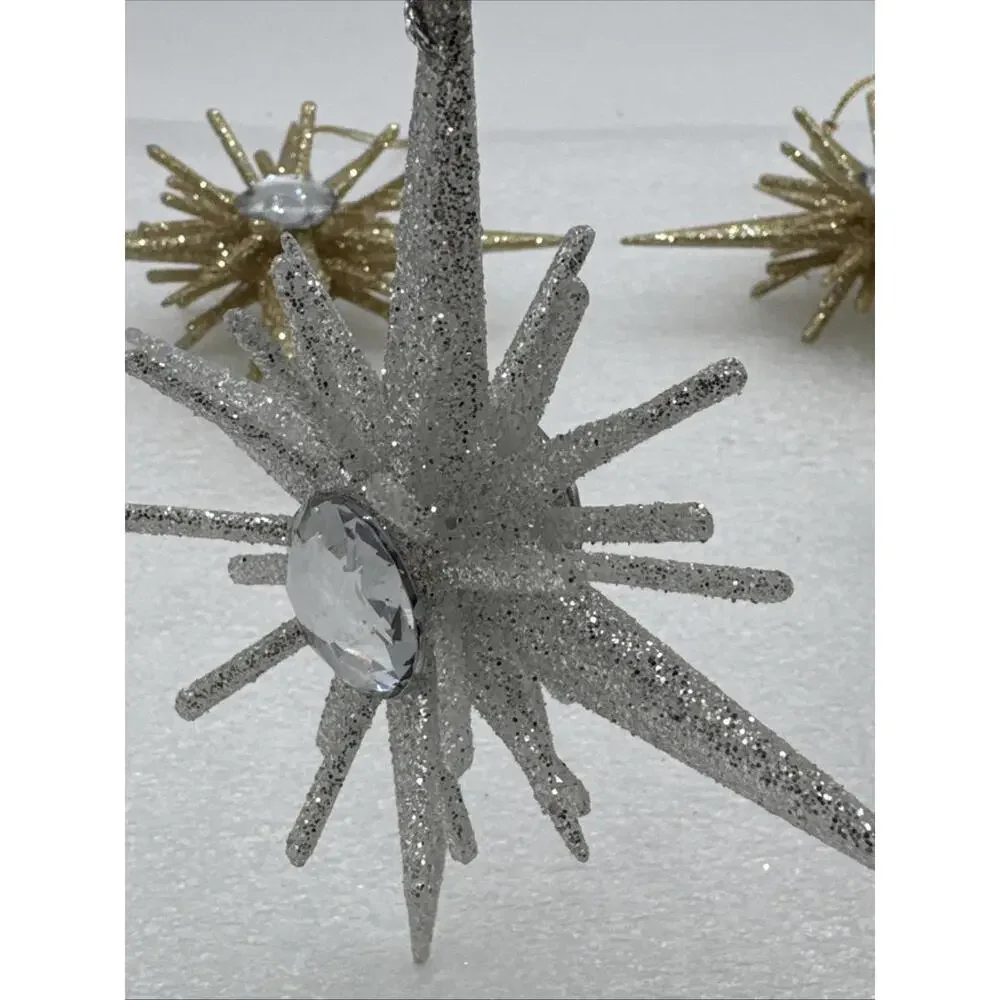 Set Of 4 Z Gallerie Diamond Eye Star Glitter 4.7” Ornaments 2 Silver 2 Gold 3D